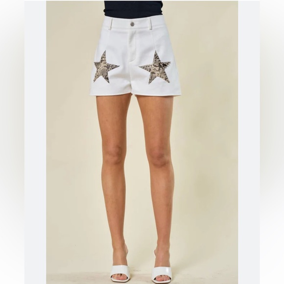 Saints & Hearts Pants - Saints & Hearts Cream Suede Shorts with Snake Print Stars & Studs Medium